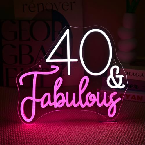 Image of 40&Fabulous LED Neon Sign Pink Light Up for Birthday Party Wall Decoration | 14.4IN*12.5IN,Five level brightness adjustment,USB power,For Bar,Club,Pub,Personal space,Birthday party,Ladies' Room,Salon