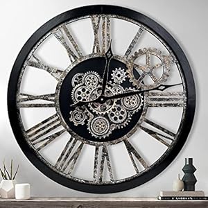 The B-Style Large Real Moving Gears Wall Clock 30 inch Rustic Retro Industrial Farmhouse Wood Clock Oversized Decorative Vintage Wall Clocks for Living Room (Black)