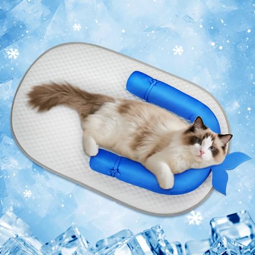 Pawfun Cat Cooling Mat with Soft U-Shaped Pillow Breathable Calming Cooling Pad for Cats Portable Washable Summer Cooling Cat Bed for Indoor Or Travel Use Blue Shark