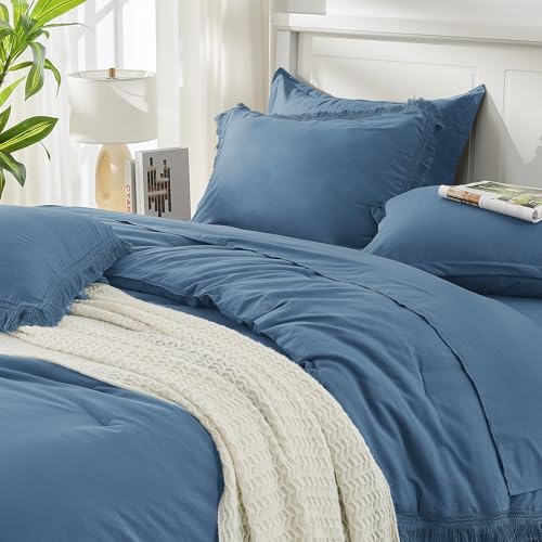 Image of Andency Queen Comforter Set with Sheets Sea Blue - 7 Pieces Boho Tassel Bed in a Bag Soft Lightweight Bedding Sets, Fringe Bed Set with Comforter, Sheets, Pillowcases & Shams