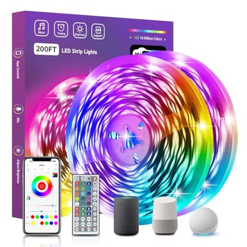 Image of FONEWE Smart WiFi LED Lights 200 ft Remote Control Through APP Led Strip Lights Supports Alexa and Google Assistant Timing Function RGB Color Changing LED Lights for Bedroom and Party