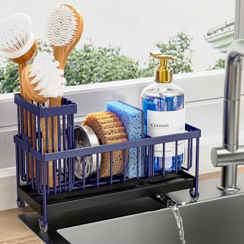 Cisily Sponge Holder for Kitchen Sink, Sink Caddy with High Brush Holder, Organzier Rustproof 304 Stainless Steel Dish Organizer Divider, Soap Dispenser Storage 18
