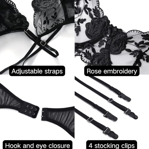 Ensemble Lingerie Sexy Brodé Dentelle Florale Femme avec Porte-Jarretelles 3 Pièces Soutien-Gorge Armatures Culotte Taille Haute Maille Transparente Col V Nuisette Coquine Bretelles sous-Vêtements – Image 3