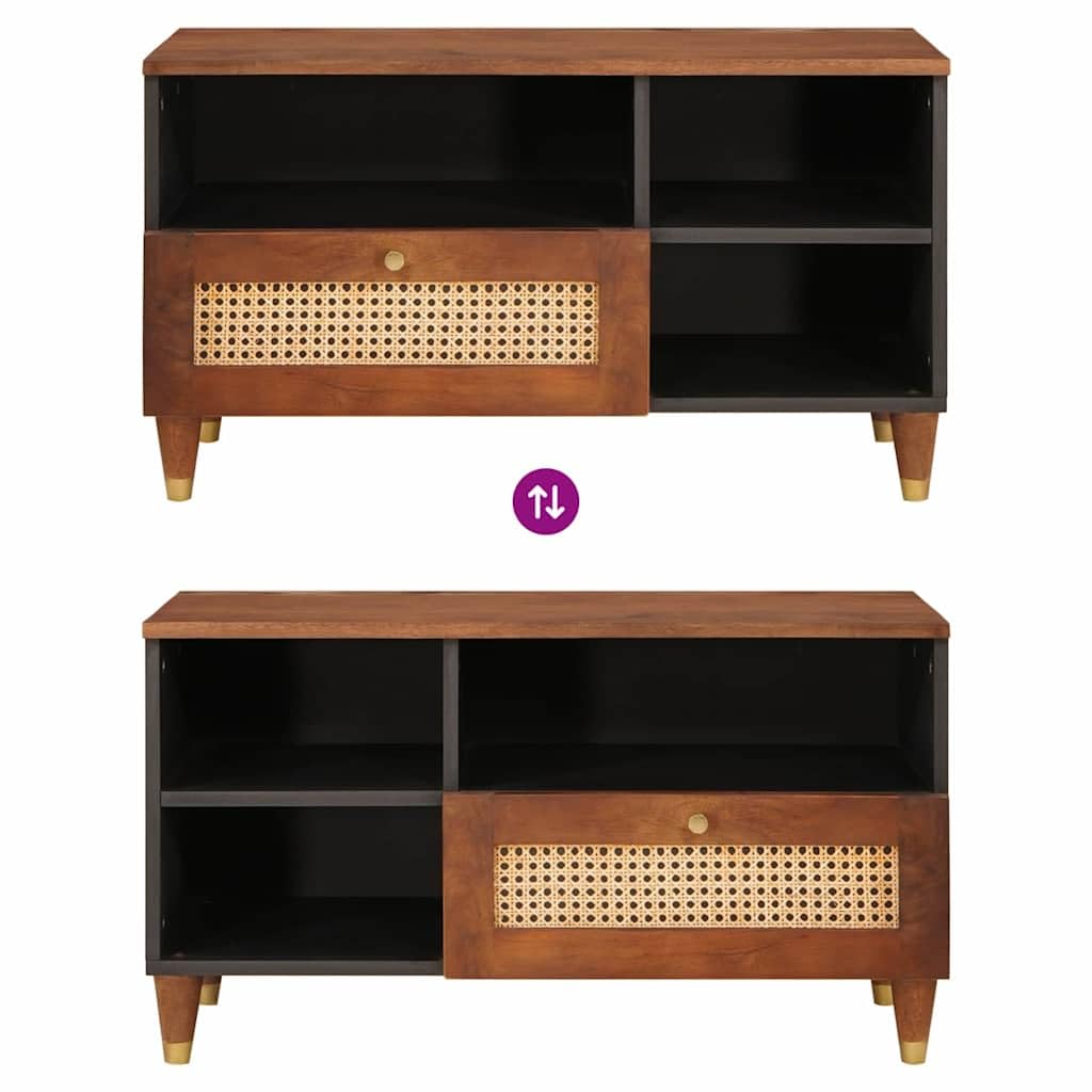 Mobile TV in legno massiccio di mango marrone, 80 x 33,5 x 46 cm, con ripiani e cassetto, credenza per soggiorno, mobile basso per CD e DVD, moderno mobile TV