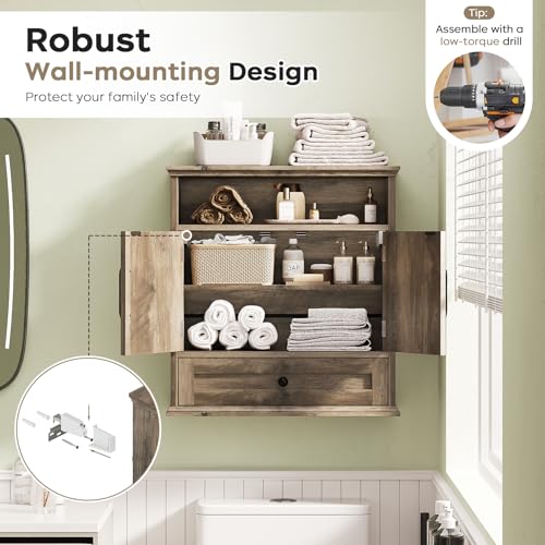 Image of Bathroom Wall Cabinet, Wall Mounted Medicine Cabinet 24.4 inchH x 23.6 inchW x 9 inchD | With Drawer, Barn Doors & Adjustable Shelf, Grey Over Toilet Farmhouse Storage Cabinet for Kitchen, Laundry Room, Entryway