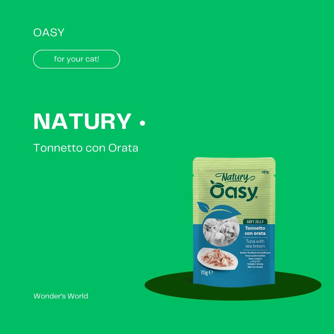 Oasy Gato Natural • Atún con orata | Alimento húmedo complementario para gatos adultos, producto sin colorantes ni conservantes añadidos, en gelatina, 12 sobres de 70 gramos cada una.