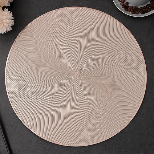 Image of Yellow Weaves 6 Pcs PVC Round Table Placemats, Dining Table Mat, Stain Resistant, Anti-Skid, Waterproof, Washable, Dining, Kitchen, Restaurant Table Set Easy to Clean, Durable (Spiral Rose Gold)