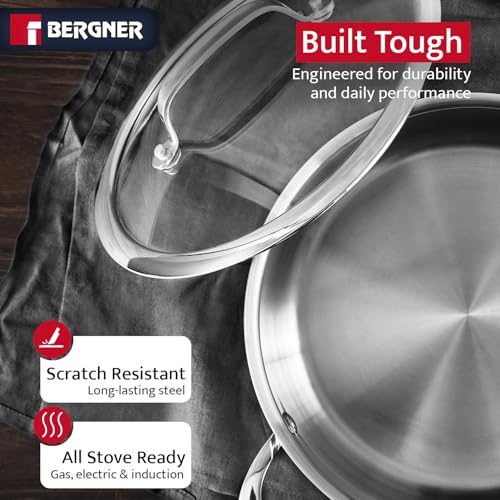 Bergner Argent Collection 4.5 Quart Tri-Ply Stainless Steel Dutch Oven with Tempered Glass Lid - Even Heat Distribution, Riveted Stay-Cool Handle, Induction Compatible, Dishwasher Safe by Bergner - Used condition - Image 3