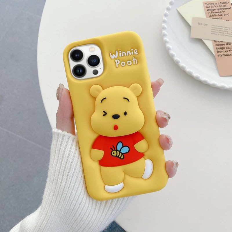 Image of COVERLY Back Cover iPhone 15 Pro Max Soft Silicone 3D Cute Cartoon with Holder Full Protective Case Compatible with iPhone 15 Pro Max (Pooh),Brown