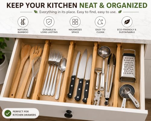 Image of Zollyss Drawer Divider, Bamboo Expandable Drawer Organizers Set of 4, Adjustable Drawer Separators for Kitchen, Dresser, Bedroom & Office, Fits 17-22 Inch Drawers, Natural