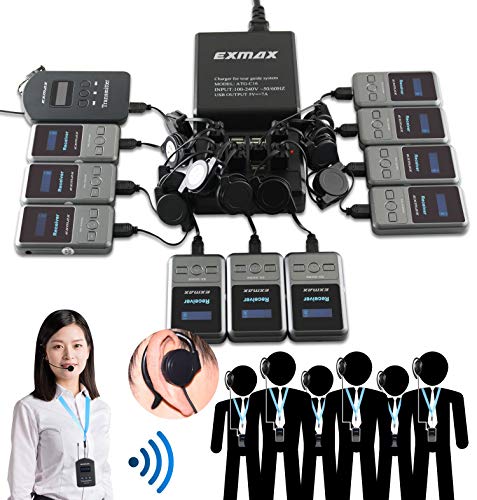 EXMAX EX-200N UHF Wireless Tour Guide Church Translation Systems Hands-free Transmitter Receiver 200 Channels for noisy workshop, Training - 1 Transmitter & 10 Receivers & 16-port USB Charge Station miniatura 1