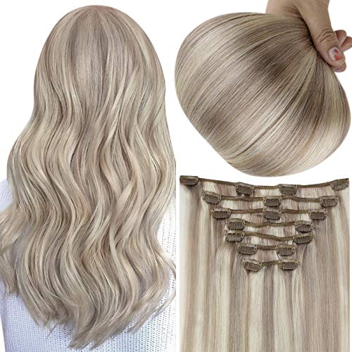 Clip in Blonde Hair Extensions 24 Inch 100 Gram Color 18 Ash Blonde Highlighted 613 Bleach Blonde 7 Pcs Full Head Long Straight Hair Extensions Double Weft Clip Extensions