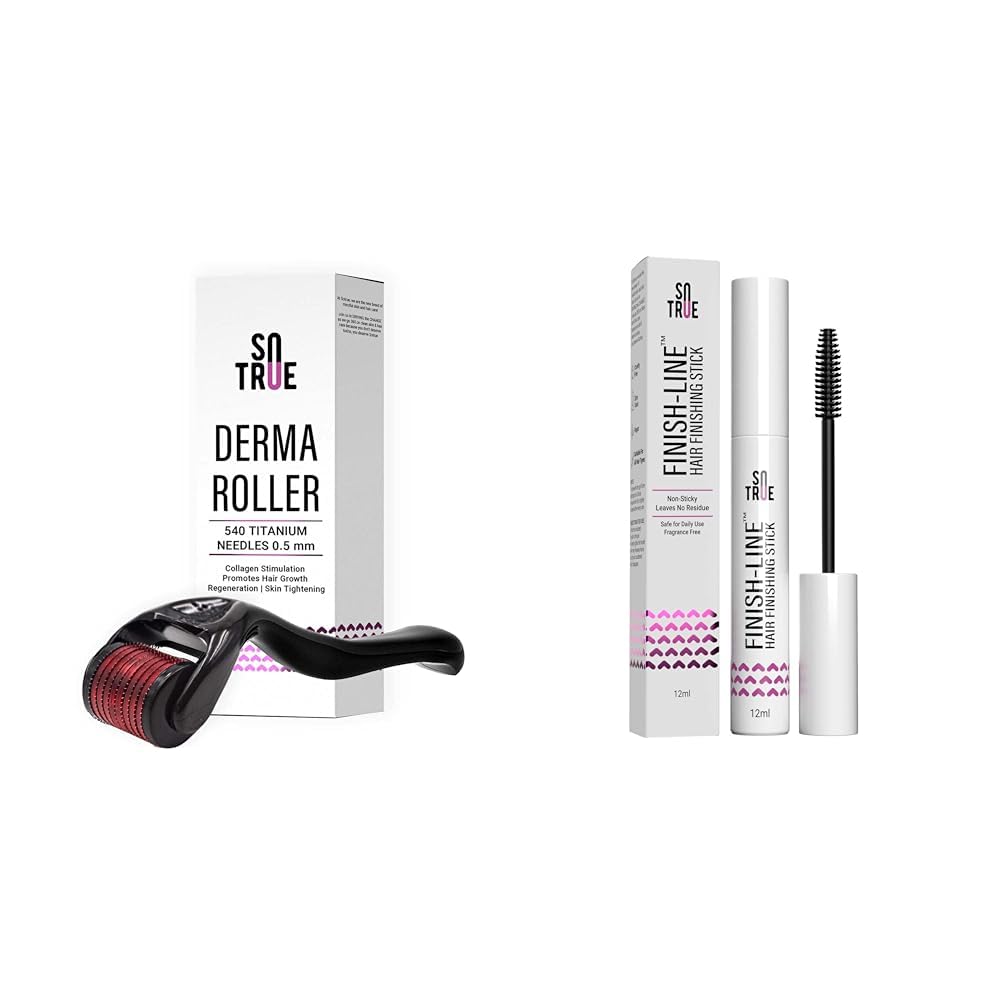 Sotrue Derma Roller For Hair Growth 0.5 mm with 540 Titanium Needles | Repairs Damaged Hair& Sotrue Finish Line Hair Finishing Stick For Women 12ml | Anti Flyaway for Smooth, Non-Greasy
