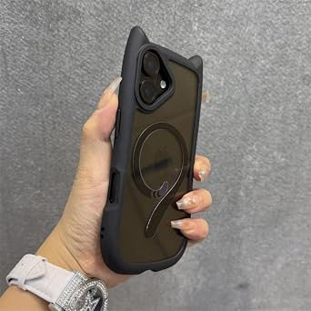 3D Cat Ear Cute Case for iPhone 16 15 14 13 12 Pro Max [Compatible with MagSafe] Millitary Shockproof Transparent Magnetic Cover Black,for iPhone 16