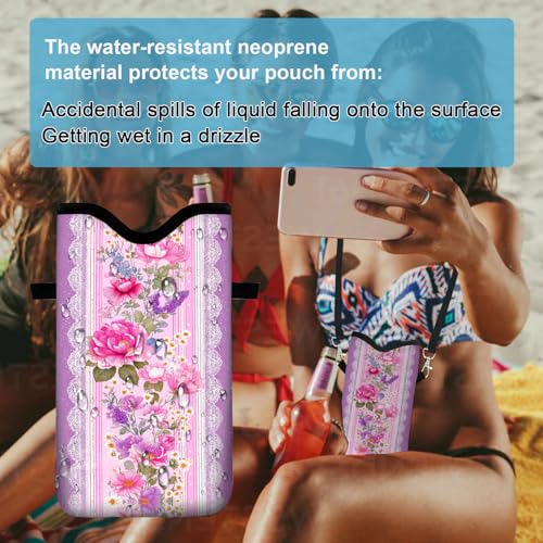 Image of Neoprene Cell Phone Sleeve Pouch Case Bag with Crossbody Strap Neck Lanyard for Women 7.1 X 3.9 in Pink Flower Wall