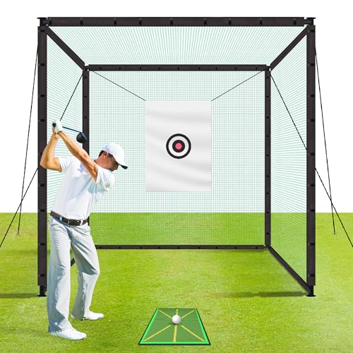 Golf Cage Net with Frame 10x10x10 Golf Net for Driving and Hitting Practice Includes Stability Rope Target Cloth and Swing Mat Color Green