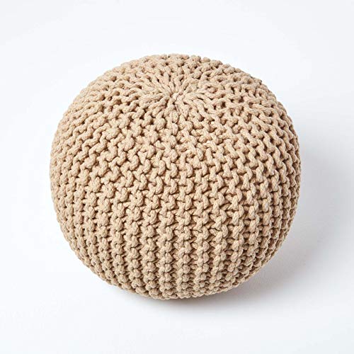 Pouf Rond Tressé Coton Beige 40cm Pieds Bois Homescapes