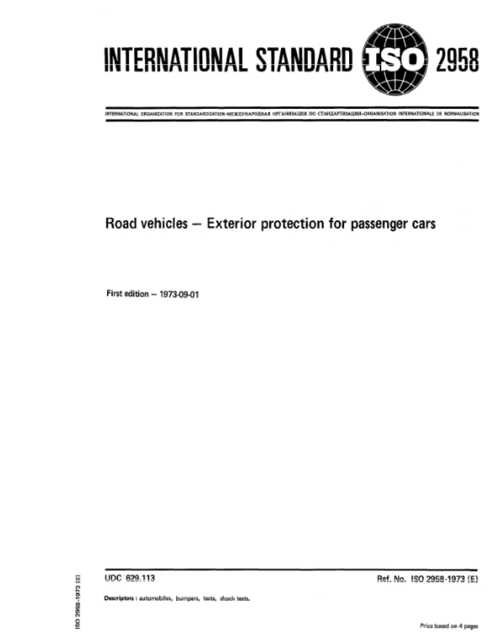 ISO 2958:1973, Veicoli stradali - Protezione esterna per autovetture