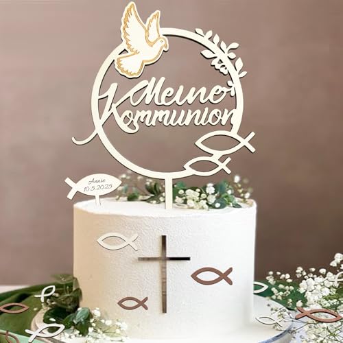 Tortendeko Kommunion Meine Kommunion Cake Topper Holz & 36 Stück Fische Streudeko Tischdeko & Fisch Kreuz Kuchen Deko Erstkommunion Deko Junge Mädchen Geschenke Gastgeschenke Kommunionsgeschenke