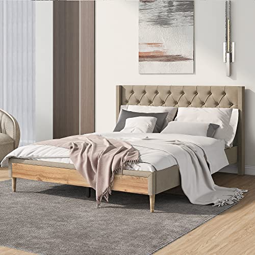 Merax Queen Size Platform Bed, Upholstered Platform Bed Frame With Rubber Wood Legs, No Box Spring Needed, Linen Fabric, Beige #TOP2