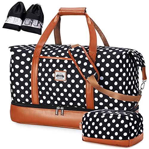 Lekesky Doppellagige Reisetasche Weekender Damen Groß mit Schuhfach/ 50L Reisetasche Kliniktasche Strandtasche mit 1 Kulturtasche und 2 Schuhsäcken (Polka-Punkte)