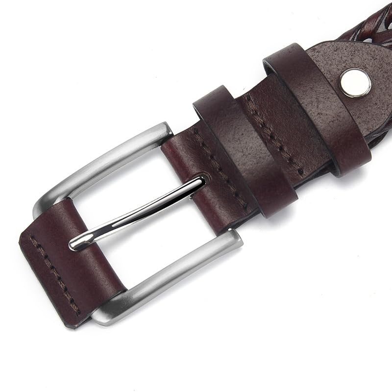 Men's Braided Leather Belt, Dark Brown, Classic Woven Design with Silver Buckle3