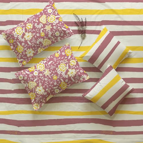 Image of Urban Space 144 TC Divine 100% Cotton Bedsheet for Double Bed with 2 Pillow Covers and 2 Cushion Covers, Queen Bedsheet (Size 90 x 100 inches, Streak Muddy Pink, Double)