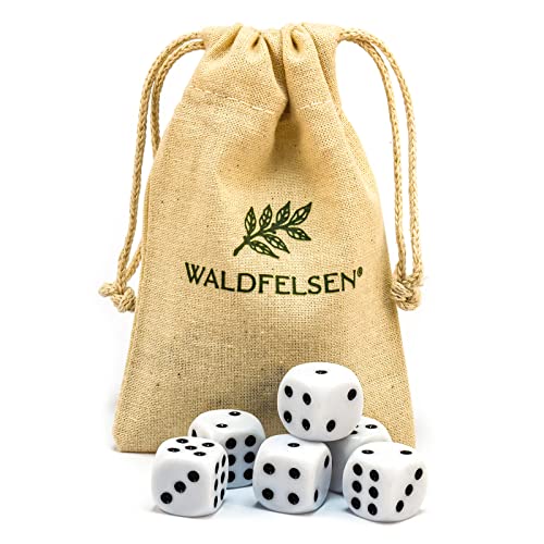 Waldfelsen® - Juego de 6, 12, 20, 30 o 50 Dados Waldfelsen®, tamaño estándar, 16 mm, acrílico, 6 Caras, Incluye Bolsa de Tela (Blanco, 6 Piezas)