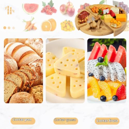 Miniatura 4 de Yeenaiv Set Tabla De Queso Y Cuchillos Palé De Madera, Plato Giratorio Redondo Para Queso Juego De Tabla Para Aperitivos Multiusos, Bandeja Madera Decorativa Adecuado Para Exteriores Idea Regalo