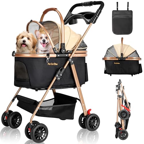 【日本企業】 SAMONIC ペットカート 犬 分離型 ワンタッチ折畳 分離型ペットキャリーカート 前輪360°回転でき 耐摩耗PUホイール 後輪ストッパー付 ペットカート 軽量 持ち運び便利 通気 二つメッシュ窓 4輪 犬カート 多頭の小型犬&猫 中型犬 ドリンクホルダー、収納ポーチ、レインカバー付 散歩 買い物 お出かけ 旅行 (カーキ)