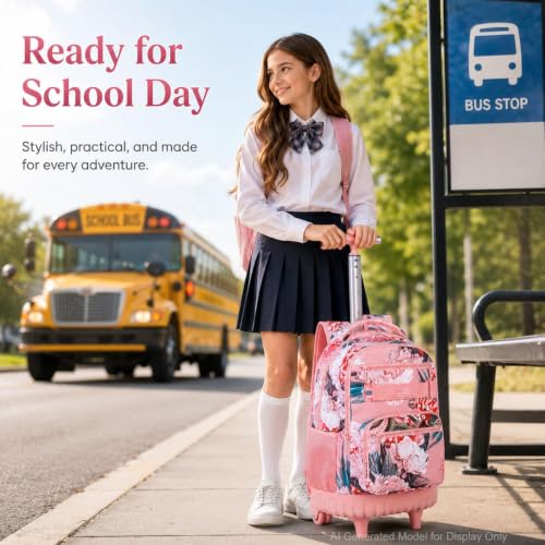 Image of 3Pcs Rolling Backpack for Girls Women, Travel Roller Backpacks with Wheels for Adults, Teens College Folwer Wheeled Bookbag with Lunch Box(Pink)