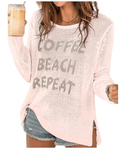 Image of Women's Beach Cover Up Sweaters Letter Print Graphic Long Sleeve Crochet Crew Neck Knit Sweater Summer Tops