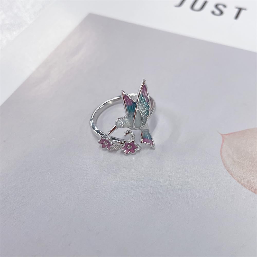 Hummingbird Flower Adjustable Open Rings for Women Elegant Enamel Bird Purple Floral Cute Animal Expandable Statement Open Wrap Finger Band Rings Comfort Fit Promise Engagement Fashion Jewelry - Image 4