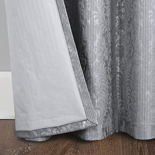 always4u Paire de rideaux 100 % occultants en velours pour chambre à coucher, isolation thermique, motif floral en feuille argentée, rideaux de fenêtre...