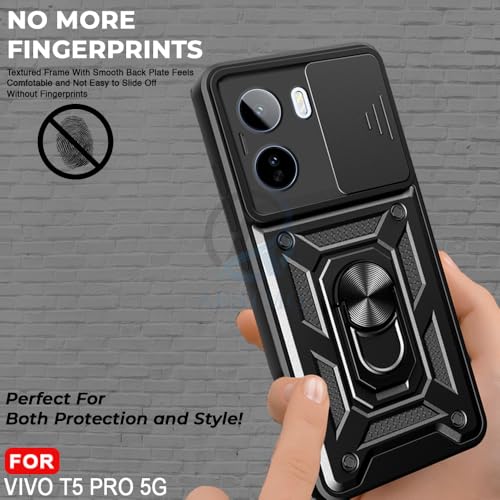 Image of AESTMO Tough Armor Vivo T5 Pro 5G Bumper Back Case Cover | Ring Holder & Sliding Camera Shield Cover | 360 Degree Protection Back Case Cover for Vivo T5 Pro 5G (Black)