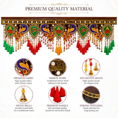 Image of ONESTA Handcrafted Peacock Door Toran with Om & Kalash Design | Decorative Bandhanwar with Mirror Work Bells & Tassels | Traditional Hanging for Main Door | Diwali Pooja Temple Home Entrance & Festival Decoration 3 Feet Size 36 Inch Pack 01)