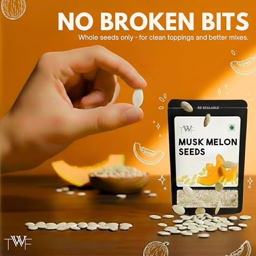 Image of TWF Virgin Muskmelon Seeds | 200 gm | AAA Grade Seeds for Eating | 100% Natural | Kharbooja Magaj | Peeled | Gluten Free | Perfect for Snacking & Cooking | Resealable Pack | Diet Snack | Unroasted | Unsalted | Highest Natural Potency