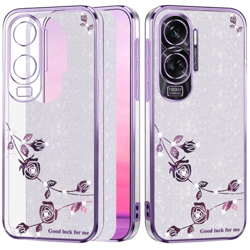 Coque Honor 90 Lite transparente à paillettes violettes motif fleur fleurie