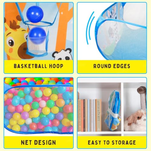 Image of Zest 4 Toyz Ball Pool for Kids Play Pit with Fun Animal Design Indoor and Outdoor Playpen with Basketball Hoop Foldable Play Pool for Boys and Girls (30 Balls Included) Jungle Themed (Extra Large)