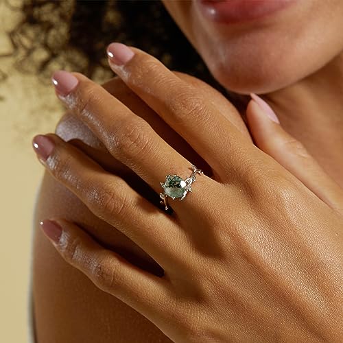 WES Ring for Women, Natural Moss Agate 925 Sterling Silver Birthstone Rings For Women Green Gems Engagement Wedding Jewelry Gift, Mothers Day Christmas Gifts3