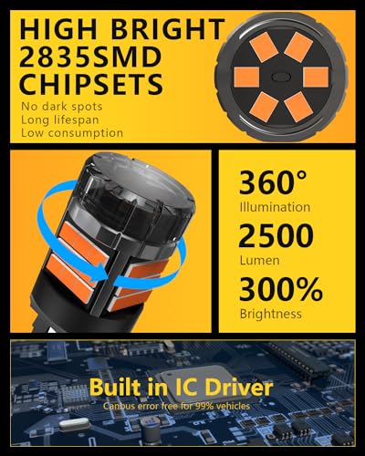 ANTEMOON W21/5W 7443 T20 LED Bulbs Canbus Error Free Super Bright 5000LM Amber Yellow 12V 24V 7440 7441 7444 Car Replacement Bulb for Backup Reverse Daytime Running Light Brake Light, Pack of 2