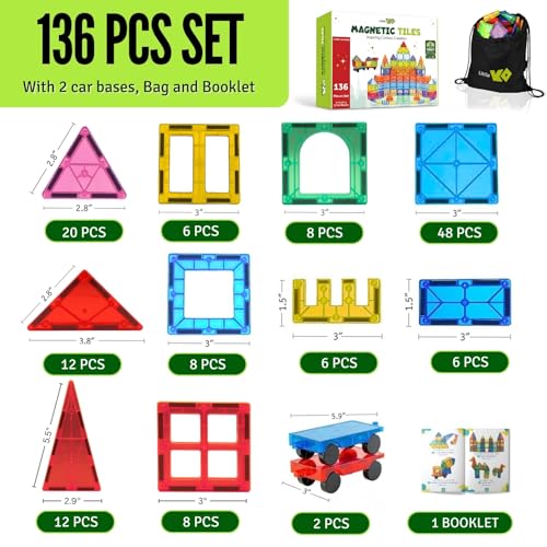 Image of Magnet Tiles for Kids 136 PCS with 2 Cars Bases, STEM Magnetic Tiles for Toddlers, Educational Learning Toys for Ages 3-12, Magnetic Building Tiles for Preschool, Creative Play Set for Kids