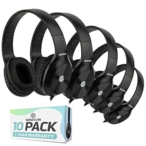 Classroom Headphones-Bulk 10-Pack, Student On Ear Comfy Swivel Earphones for Library, School, Airplane, Kids-for Online Learning and Travel, HQ Stereo Sound 3.5mm Jack (Black)