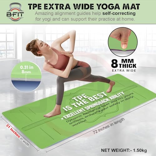 Image of B Fit 8 MM Thick Wide 31x72 Inch Original TPE Yoga Mat - Free Yoga Bag and Strap Included - With Alignment System, Non-slip, Eco-friendly, sweat-resistant (Green-Grey)