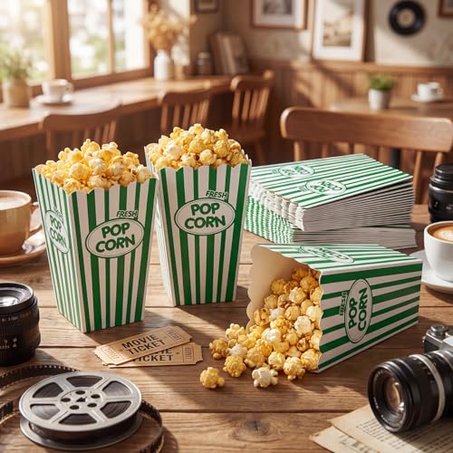 Image of Xinnun 100 Pcs Popcorn Boxes 32 oz Classic Stripe Paper Popcorn Buckets Bulk Disposable Oil Proof Container Vintage Retro Open Top Holders for Movie Night Supply Theater Carnival Party(Green)