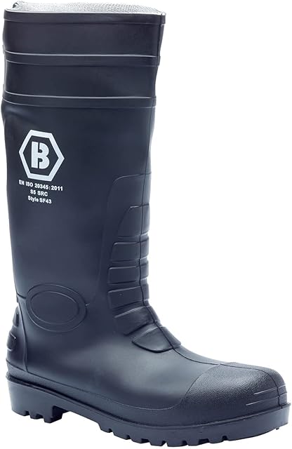Blackrock Black Steel Toe Cap Wellington Boots for Men with Protective Steel Midsole. Mens Safety Wellies for Construction, Gardening, Agriculture  Waterproof - Wide Calf  PVC Construction