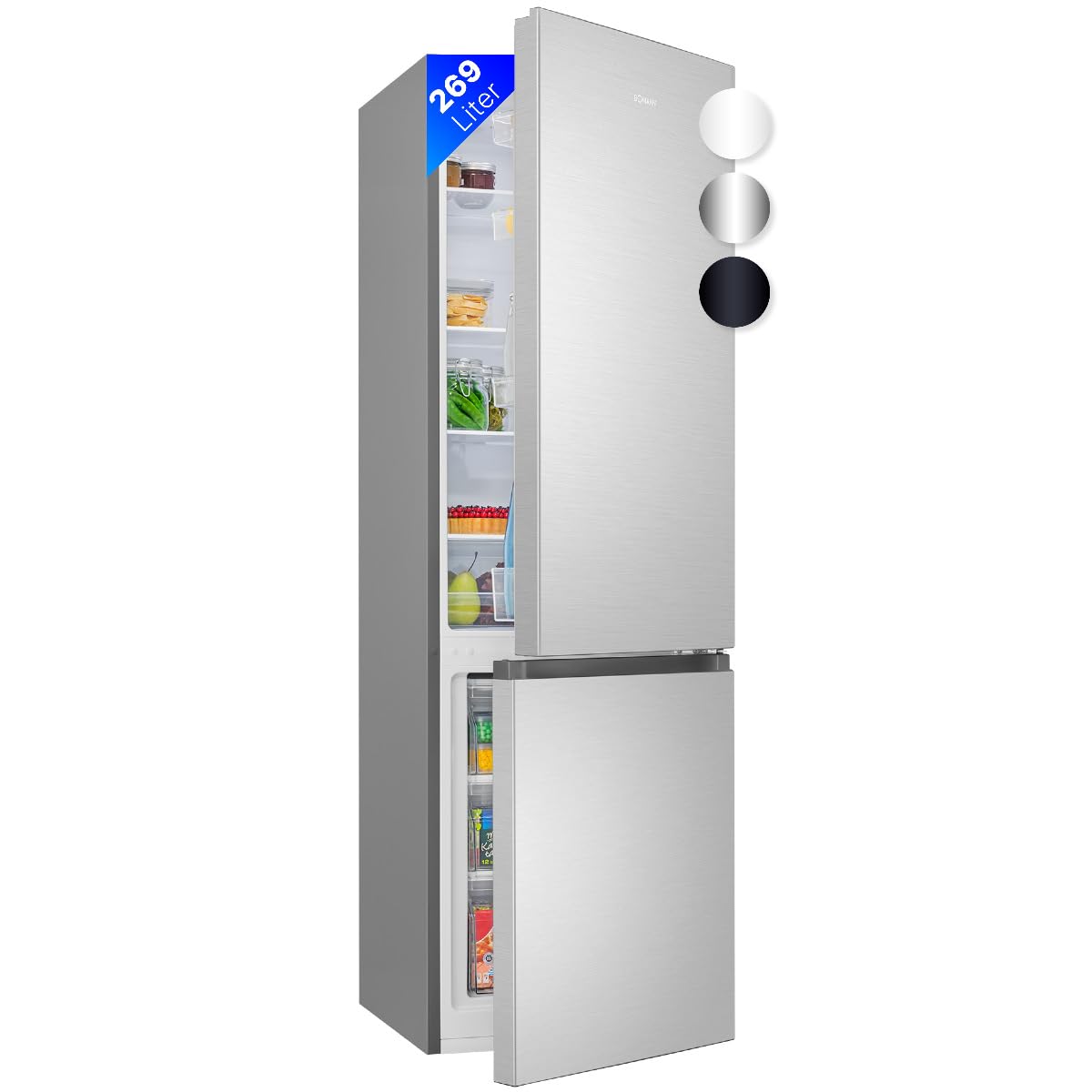 Bomann Kühlschrank mit Gefrierfach 269L Energieklasse D 180cm leise 39 dB KG 184.2 inox