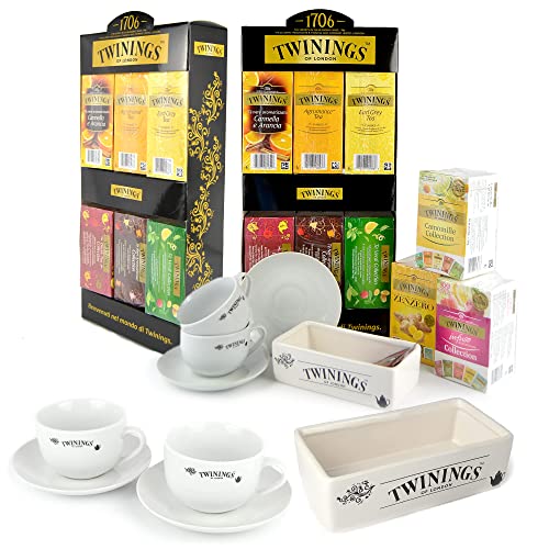 PZ 240 BUSTINE ASSORTITE DI TISANE, THE' E CAMOMILLE + 2 ESPOSITORE IN CARTONCINO + 4 TAZZE DA TE + 2 CADDY PORTA BUSTINE IN CERAMICA