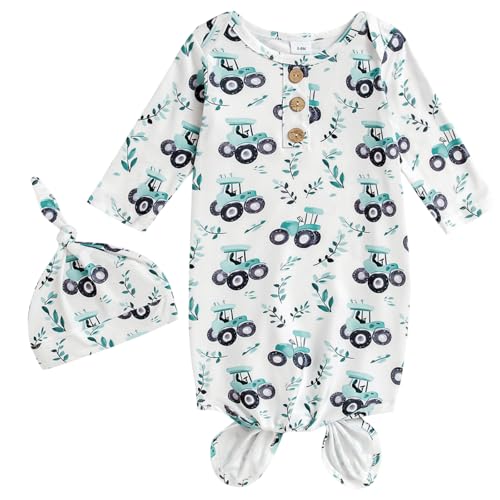 Image of AMAWMW Newborn Baby Boys Girls Cartoon Sleeper Gown Long Sleeve Mountain Nightgown Hat Outfits