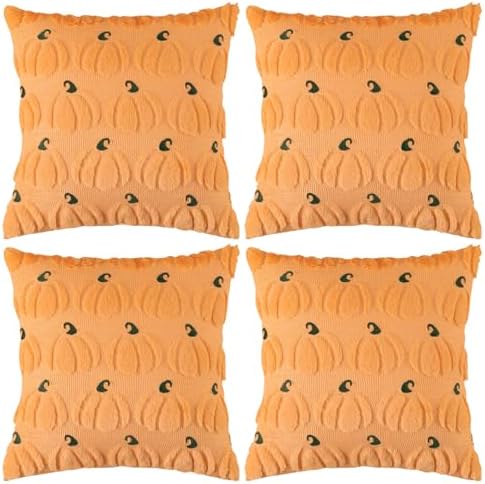 4 Pcs Fall Throw Pillow Covers 18x18, Autumn Decorations Soft Faux Fur Pillow Covers, Fluffy Plush Accent Pillow Cases for Harvest Thanksgiving Cushion Covers Sofa Home Decor(Pumpkin Orange B)